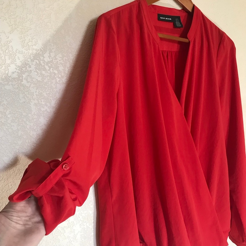 DKNY Wrap Style Top with Optional Tab Sleeve